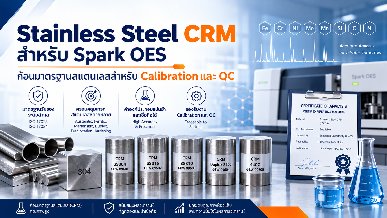 Stainless Steel CRM สำหรับ Spark OES | ก้อนมาตรฐานสแตนเลสสำหรับ Calibration และ QC